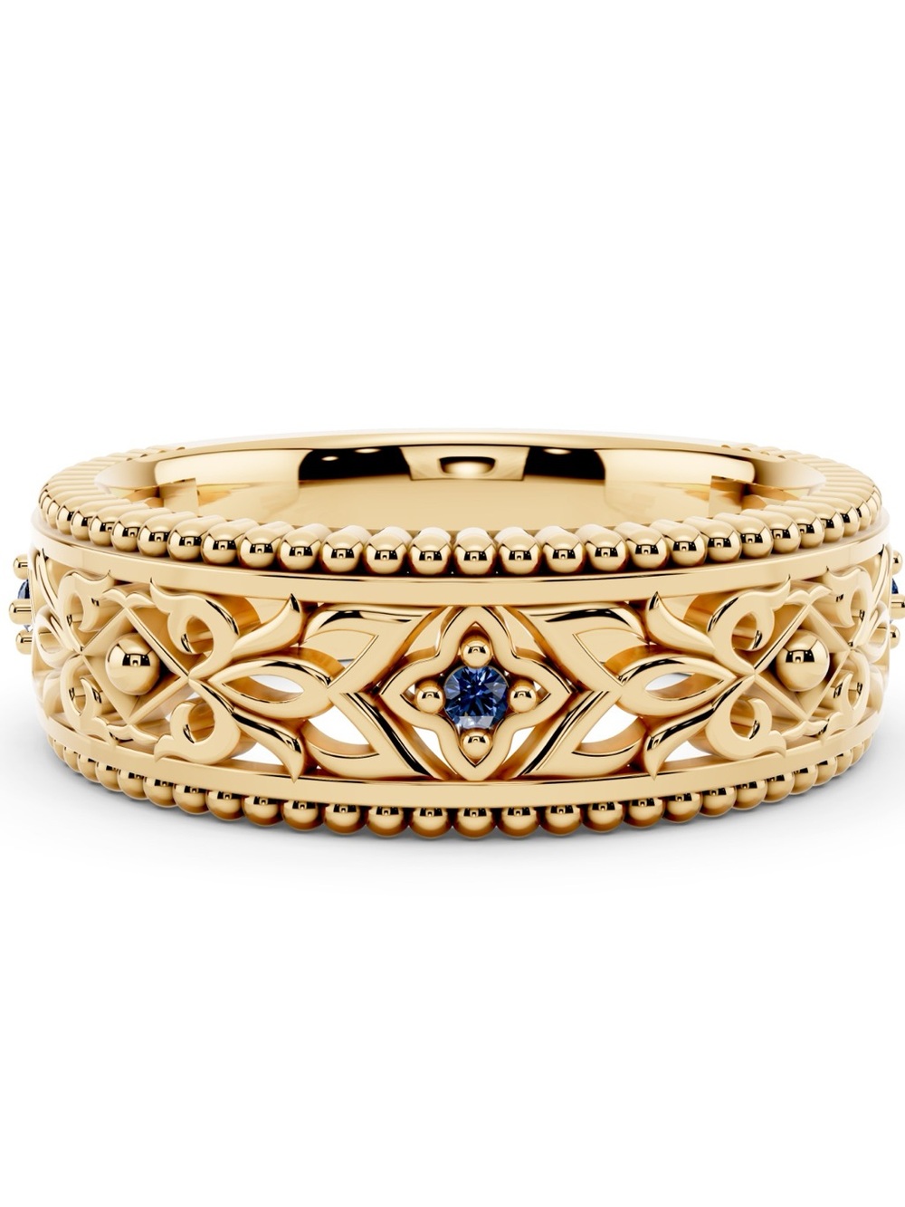 10K Yellow Gold Sapphire Filigree Band Ring 7mm Size 8.5
